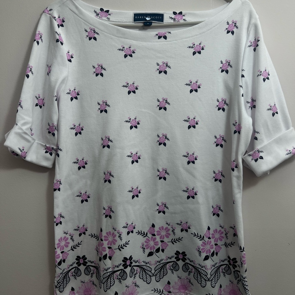 Karen Scott White Floral Boatneck Top - Pink Floral Print M